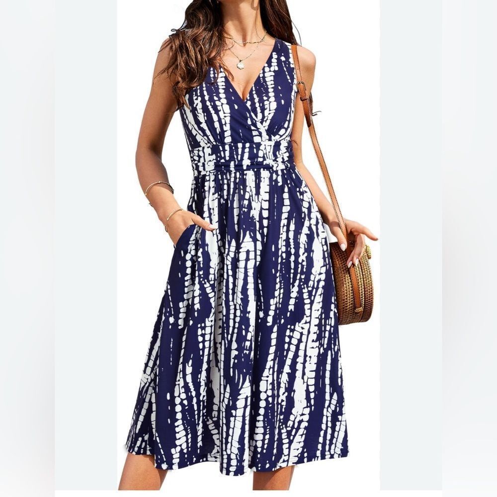 Navy blue print stretch v neck wrap midi summer sleeveless dress M NEW